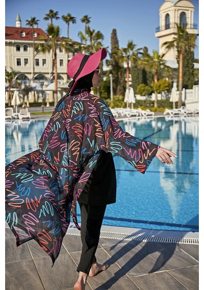 Remsa Mayo Remsa Tesettür Mayo Üzerine Tek Kaftan Kimono Pareo Rp013 Neon Siyah