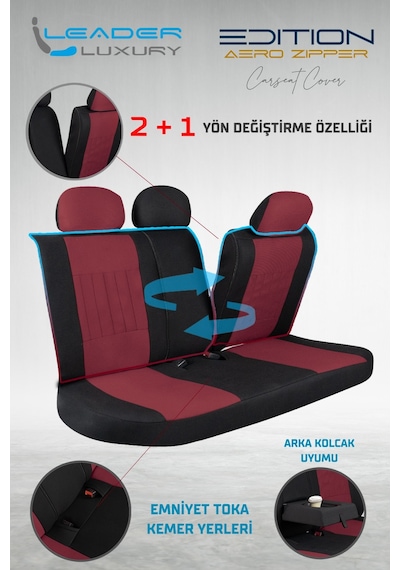 Renault 11 Flash Uyumlu Lüx Deri Detaylı Tay Tüyü Oto Koltuk Kılıfı Ön Arka Takım Edition Serisi Bordo