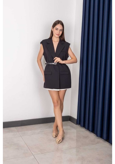 Rawea Kemerli Şal Yaka Blazer Yelek - Oversize & Pamuklu Siyah