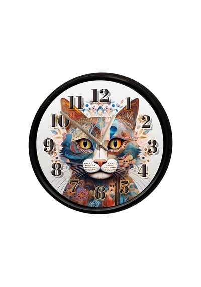 Sanatsal Kedi Portresi Temalı Dekoratif Duvar Saati 28 Cm Sessiz Mekanizma Çok Renkli