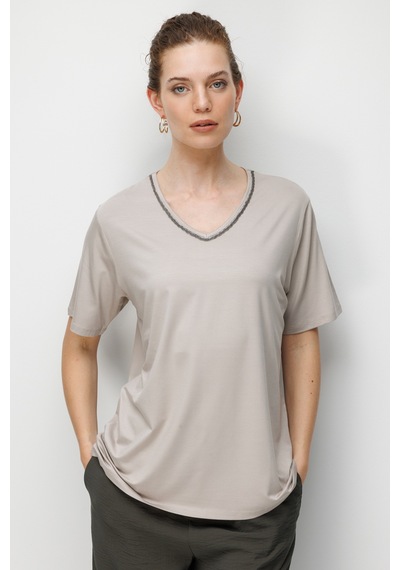 Kadın V Yaka Yaka Kenarı Zincirli Penye T-shirt Bej Bej