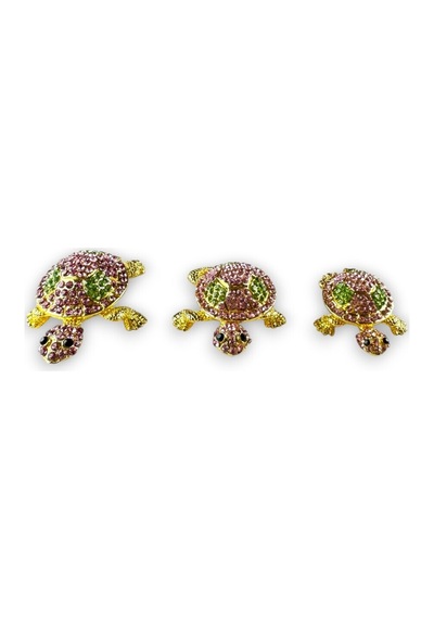 3'lü Gold Kaplumbağa Biblo Seti Taşlı Pembe & Yeşil Kristal Detay 7x5 CM, 5x4 CM, 4,5x3,5 CM