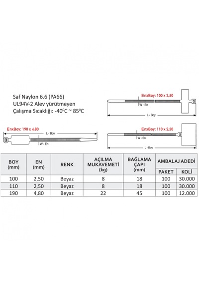 110x2.50mm Etiketli Kablo Bağları-100 Adet 110x2.50mm 100 Adet