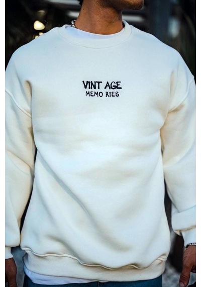 Barlashive Erkek Bisiklet Yaka 3 İplik Pamuklu Baskılı Sweatshirt - Beyaz Çok Renkli