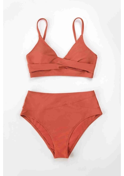 Angelsin Özel Tasarım Önden Çarpraz Bikini Üstü Kırmızı 001