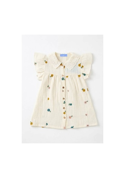Poala Kids Müslin Çiçek Nakışlı Elbise Beyaz
