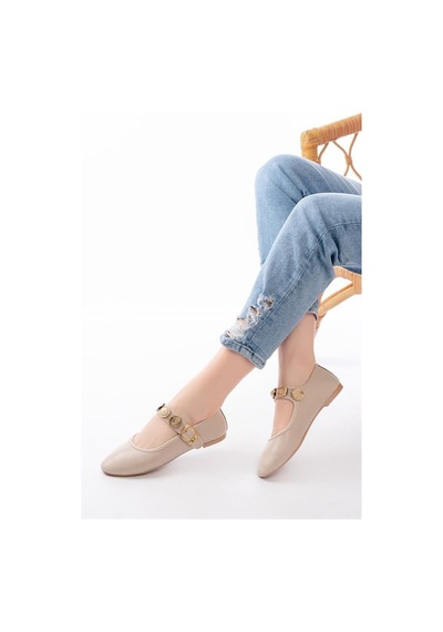 Alemdarshop İnf-6363 Bej Baret Tokalı Günlük Bayan Ayakkabı