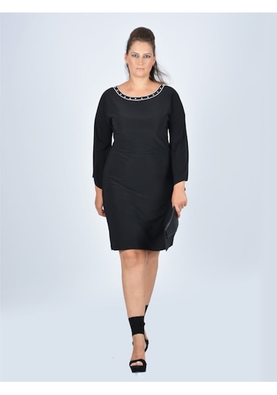 Nidya Moda Büyük Beden Yarasa Kol Elbise-4001S Siyah
