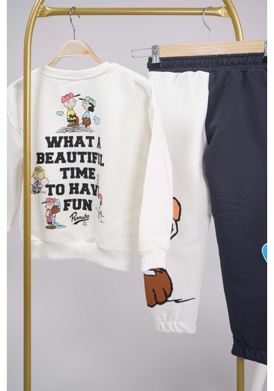 Yeni Sezon Peanust Snoopy Modelli Bisiklet Yaka Pamuk Eşofman Takımı Ekru