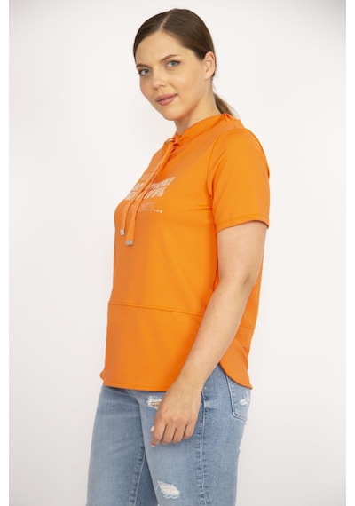 Şans Kadın Oranj Büyük Beden Yakası Kuşgözü Bağcık ve Taş Detaylı Sweatshirt-oranj Turuncu