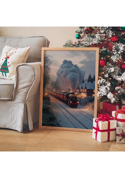 Vintage Noel Duvar Sanatı, Kış Buharlı Tren Tatil Posteri