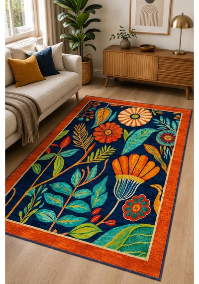 Dijital Baskı Çiçek Desenli Modern Dekoratif Halı Renkli Çiçek Motifli Salon Halısı Turuncu