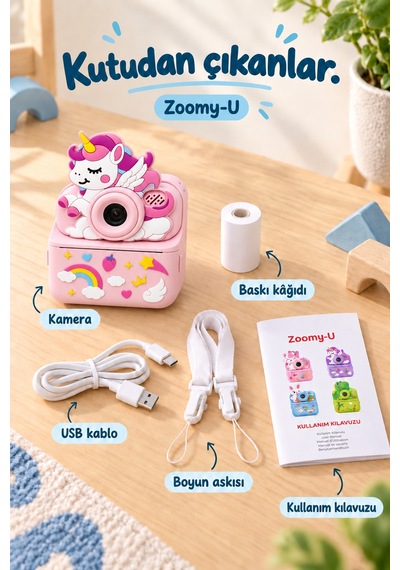 Kj/zm-004 Zoomy-u Unicorn Figürlü Anında Baskılı Çocuk Fotoğraf Makinesi, Çift Kamera, 2,4 İnç Ekran, 1080p Video, 3+ Yaş Pembe
