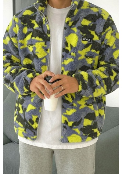 Genius Store Oversize Peluş Tam Fermuarlı Sweatshirt Peluş İçi Polarlı Sherpa Kumaş Sweatshirt Sarı