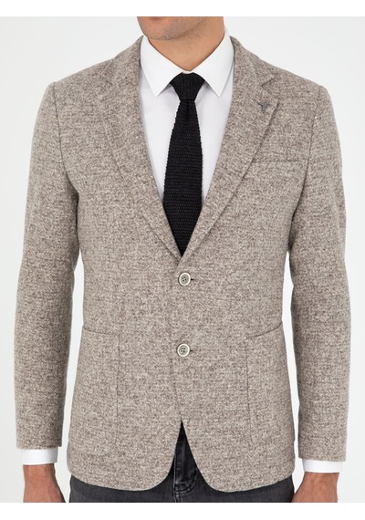 Cacharel Bej Slim Fit Yün İpek Karışımlı Flanel Ceket