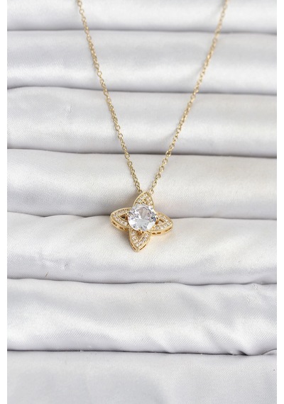 316l Çelik Zincir Gold Renk Yonca Model Kadın Kolye 001 - Beyaz