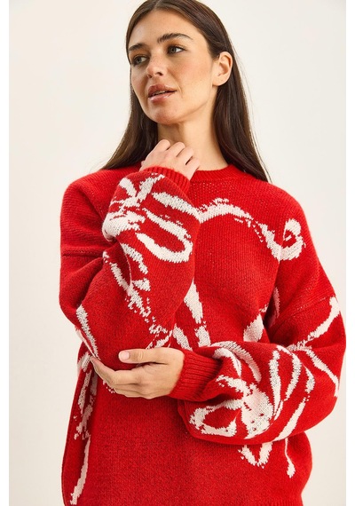 Shade Kadın Desenli Oversize Triko Kazak Tk251158 60283806 - Kırmızı-ekru Çok renkli