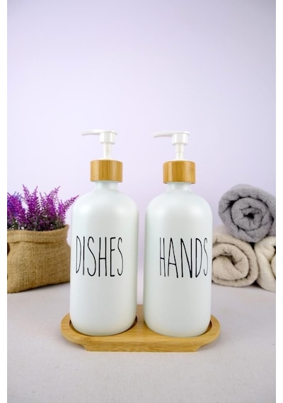 Digithome 2 Li Ahşap Standlı Cam Sıvı Sabun Ve Bulaşık Deterjanı Şişesi Sabunluk Beyaz 500 Ml - G/13 C1-1-289