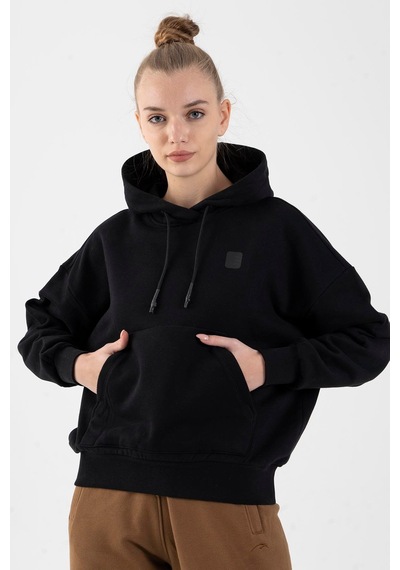 Maraton Oversize Kadın Kapüşonlu Siyah Sweatshirt Siyah