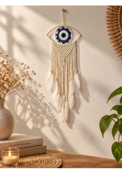 Nazar Motifli Düş Kapanı Rüya Kapanı Dream Catcher Beyaz Tüylü Bohem Duvar Süsü Bohem El Yapımı Düş Kapanı