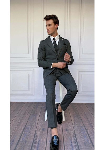 Modefendi Slim Fit İtalyan Kesim İnce Ekose Takım Elbise Gri