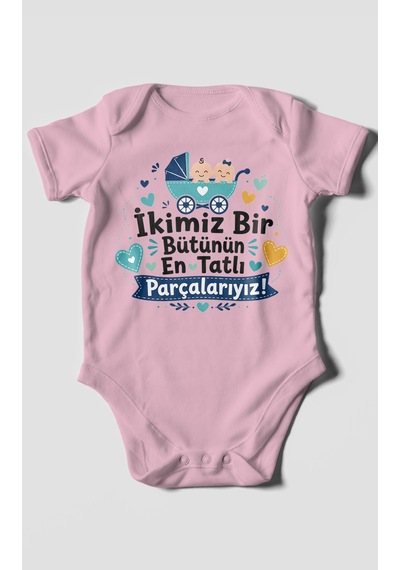 Morivokids İkimiz Bir Bütünün Yazılı Kısa Kollu Bebek Body %100 Pamuk Koyu Pembe