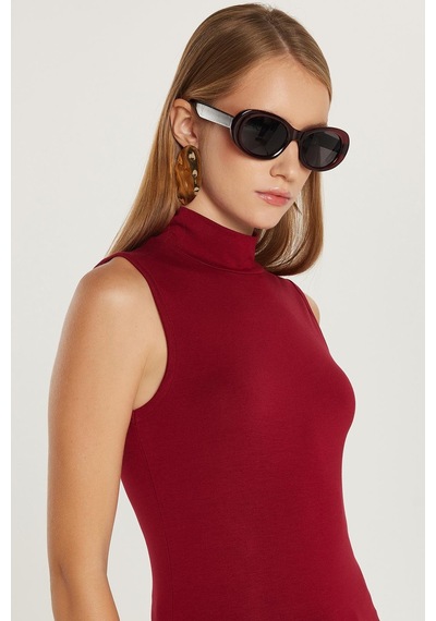 Tudors Kadın Regular Fit Klasik Kesim Viskon Kumaş Balıkçı Yaka Sıfır Kol Bordo Bluz-34816 Bordo