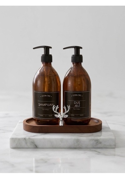 Amber Şişe Sabunluk Cam İkili Şampuan-duş Jeli Banyo Düzenleyici Klasik Gümüş Geyik Ahşap Standlı 500ml