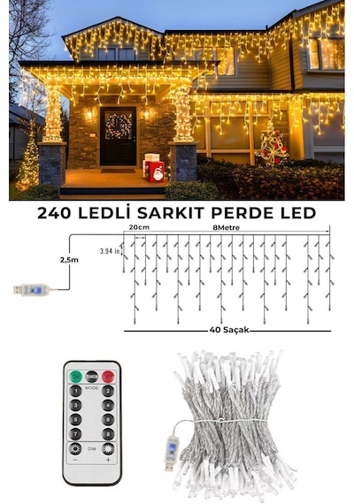 8 Metre 192 Ledli Perde Led Saçaklı Kablolu Usbli Kumandalı Yılbaşı Parti Organizasyon