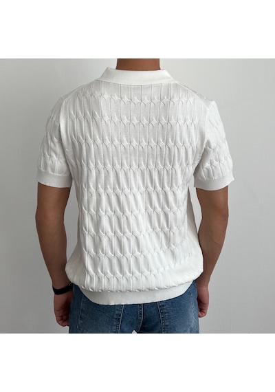 Tarz Cool Erkek İnce Saç Örgülü Düğmeli Slim Fit Polo Yaka Triko T-shirt Beyaz