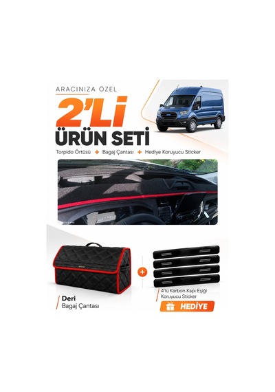 Ford Transit Tip 2 2020-2025 Uyumlu Torpido Örtüsü + Deri Bagaj Çantası + Sticker - Siyah Kırmızı