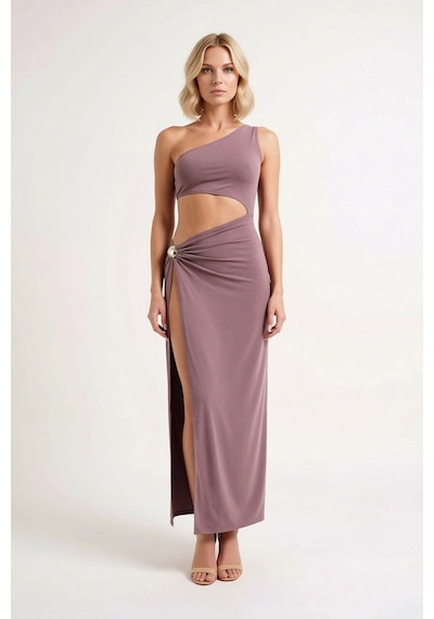 Benerly Kadın Tek Omuz Bodycon Midi Plaj Elbisesi Döküm Aksesuar Detaylı Vizon
