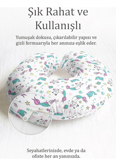 Kedili Deniz Kızı Pamuklu Boyun Yastığı - Sevimli Turkuaz Pembe Çocuk & Yetişkin Seyahat Yastığı Koyu Yağmur Tarçın