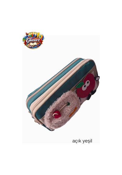 İçi Full Astarlı 3 Gözlü Kalemlik Elma Çıkartmalı1 Adet A.yeşil