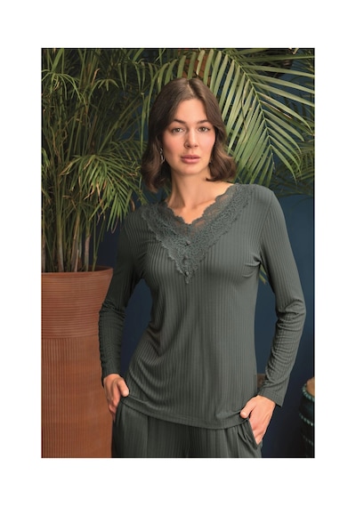 Shafag Home Herşeytrend Uzun Kollu Önü Düğmeli V Yaka Pijama Takımı Yeşil