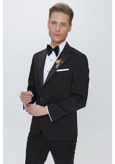 Efor Black 061 Slim Fit Çıkarılabilir Saten Yaka Siyah Damatlık Smokin Takım Siyah