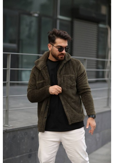 Sr Tekstil Pelüş Ceket Unisex Normal Kalıp Cep Detaylı Koyu Haki