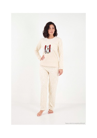 Lela Desenli Yumuşak Dokulu Kışlık Polar Pijama Takımı Kadın Pijama Takımı 6575031 Ekru