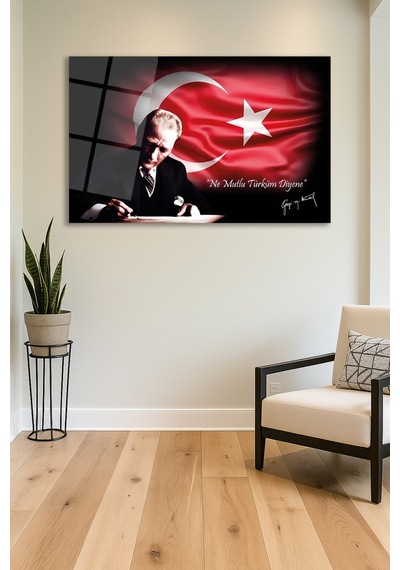 Ne Mutlu Türküm Diyene Atatürk Cam Tablo Dekoratif Duvar Tablosu Solmayan Canlı Renkler Salon Ve Oturma Odası Doğum Günü Hediyesi