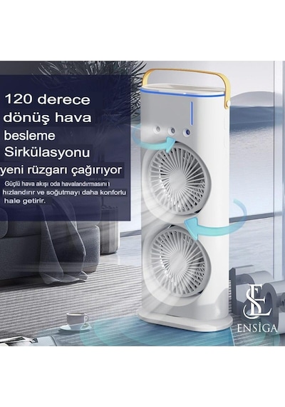 Şarjlı Kumandalı Masa Kamp Ofis Ev Fanı Iki Pervaneli Su Püskürtmeli Serinletici Vantilatör Döner