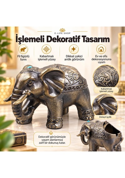 Lüks Alaşım Metal Fil Figürlü Kapaklı Dekoratif Küllük Ve Takı Saklama Kutusu Metal Biblo 18 X 12 Cm 85349586