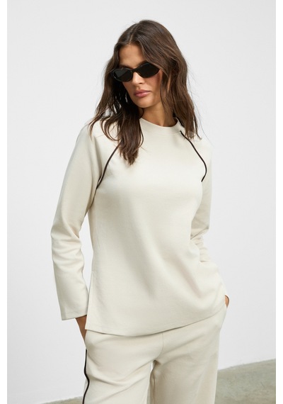 Ethıquet Elsbeth Kadın Bisiklet Yaka Yanı Yırtmaçlı Reglan Kol Oversize Beli Lastikli Borupaça Bej A