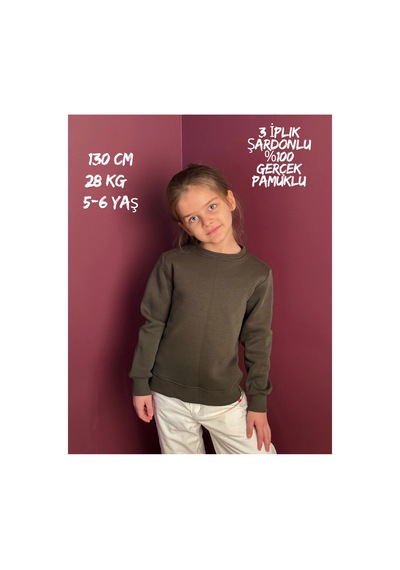 Pxm 3 Iplik Şardonlu Premium Kumaş Düz Çocuk Sweatshirt Haki Haki Yeşil Haki Yeşil