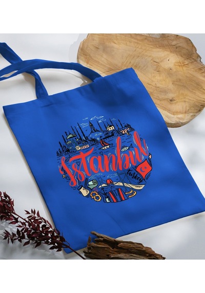 Bk Gift İstanbul Tasarımlı-1 Mavi Kumaş Bez Çanta, Baskılı Omuz Çantası, Alışveriş Çantası, Arkadaşa Hediye