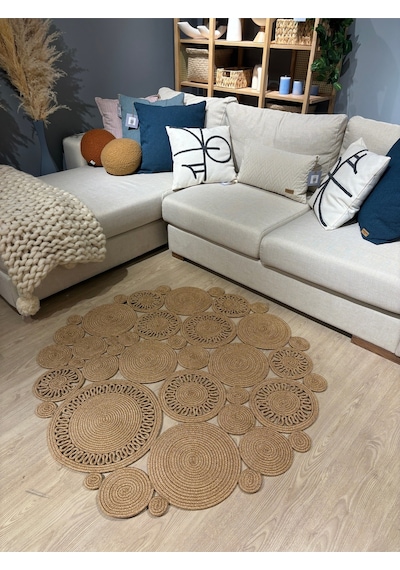 Mavaux Harmony Jüt Doğal Hasır Kilim Bej Geometrik Bohem Yuvarlak El Örmesi Halı Bej