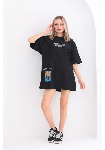 Novalisse Kadın Bisiklet Yaka Baskılı Oversize T-shirt - Siyah Çoklu Renk