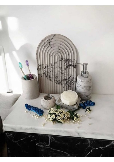 Marble Serisi Antrasit 5 Li Beton Banyo Seti, Sıvı,katı Sabunluk,diş Fırçalık,tepsi,aksesuar,dekor Gri