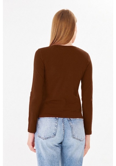Sortie Collection Bisiklet Yaka Pamuklu Uzun Kollu Basic Penye Tişört Bluz Kahverengi