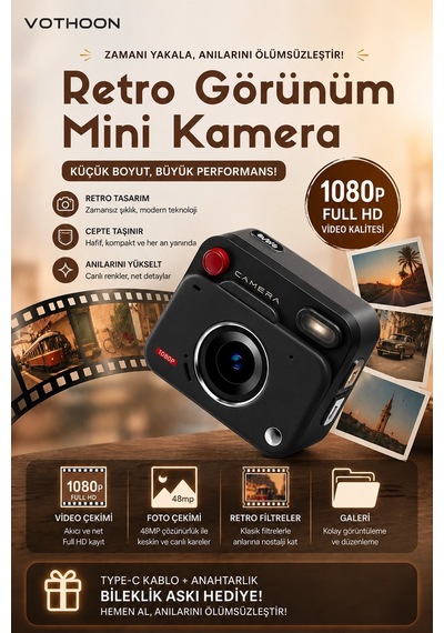 Nostaljik Tasarımı Retro Görünüm Kare Mini Foto Video Kamera 1080p Full Hd 32gb Kart Hediyeli
