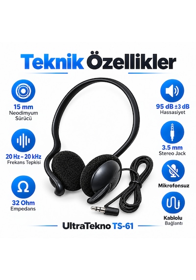 Ultratekno Ts-61 3.5mm Stereo Ense Kulaklık Kablolu Kulak Arkası Mp3 Pc Laptop Telefon